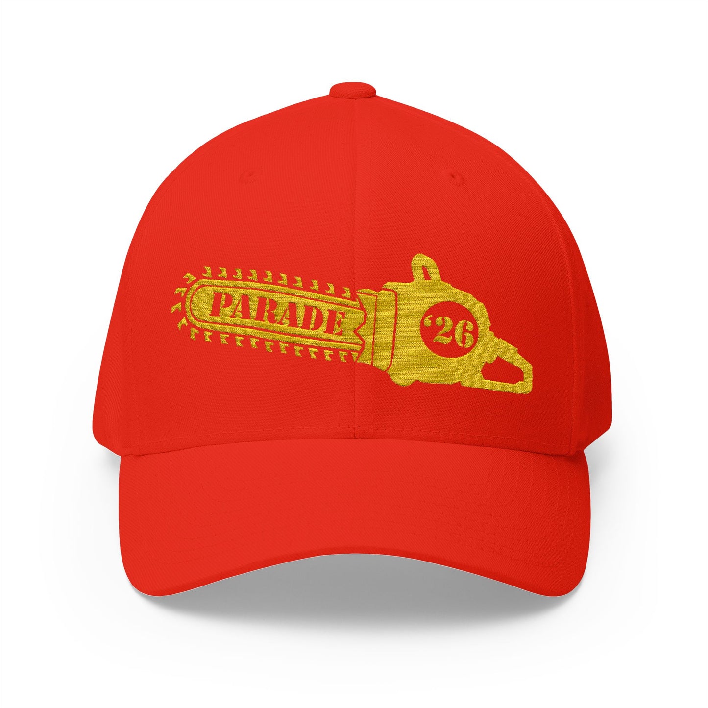Chainsaw Icon Embroidered Cap — Flexfit Yellow Logo Hat