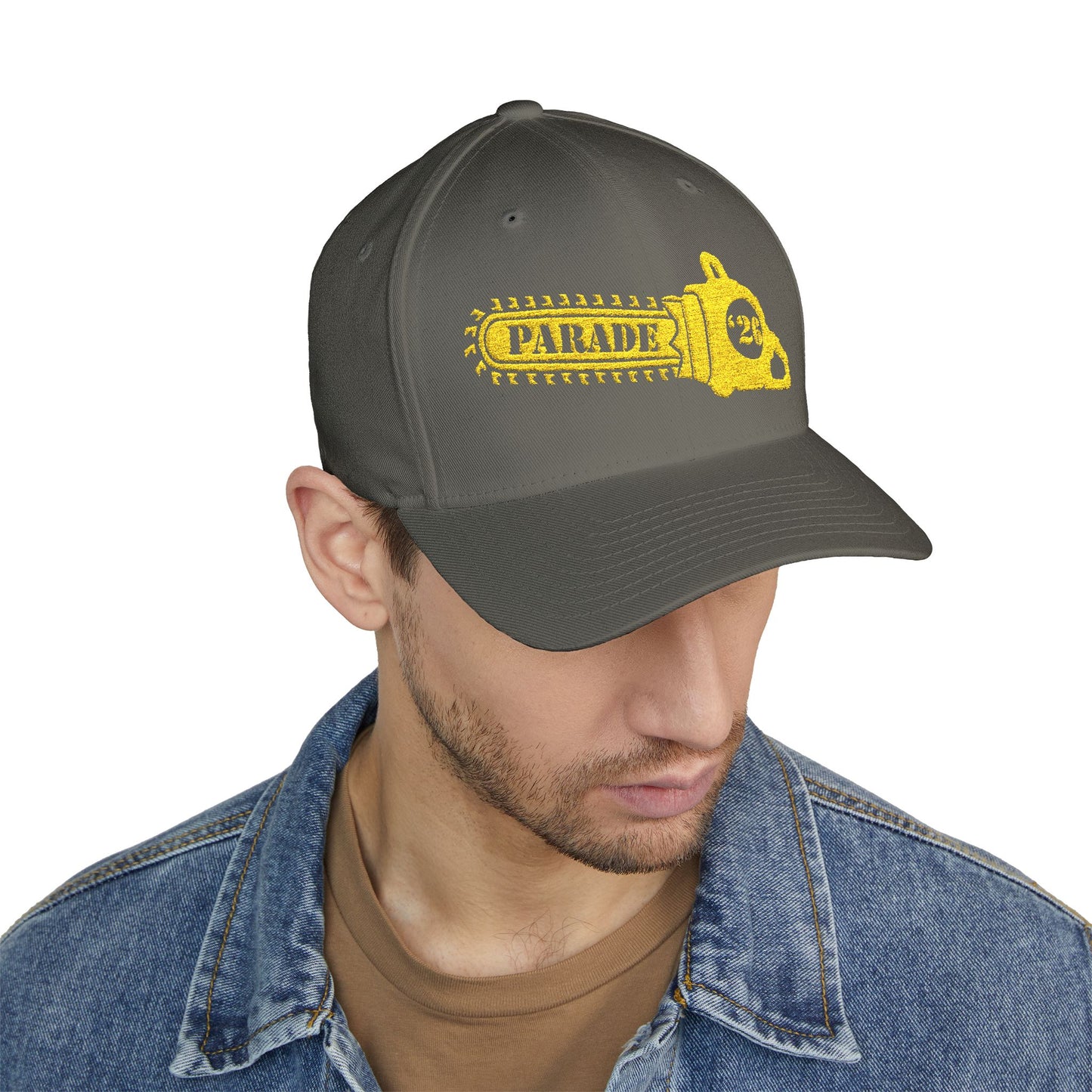 Chainsaw Icon Embroidered Cap — Flexfit Yellow Logo Hat