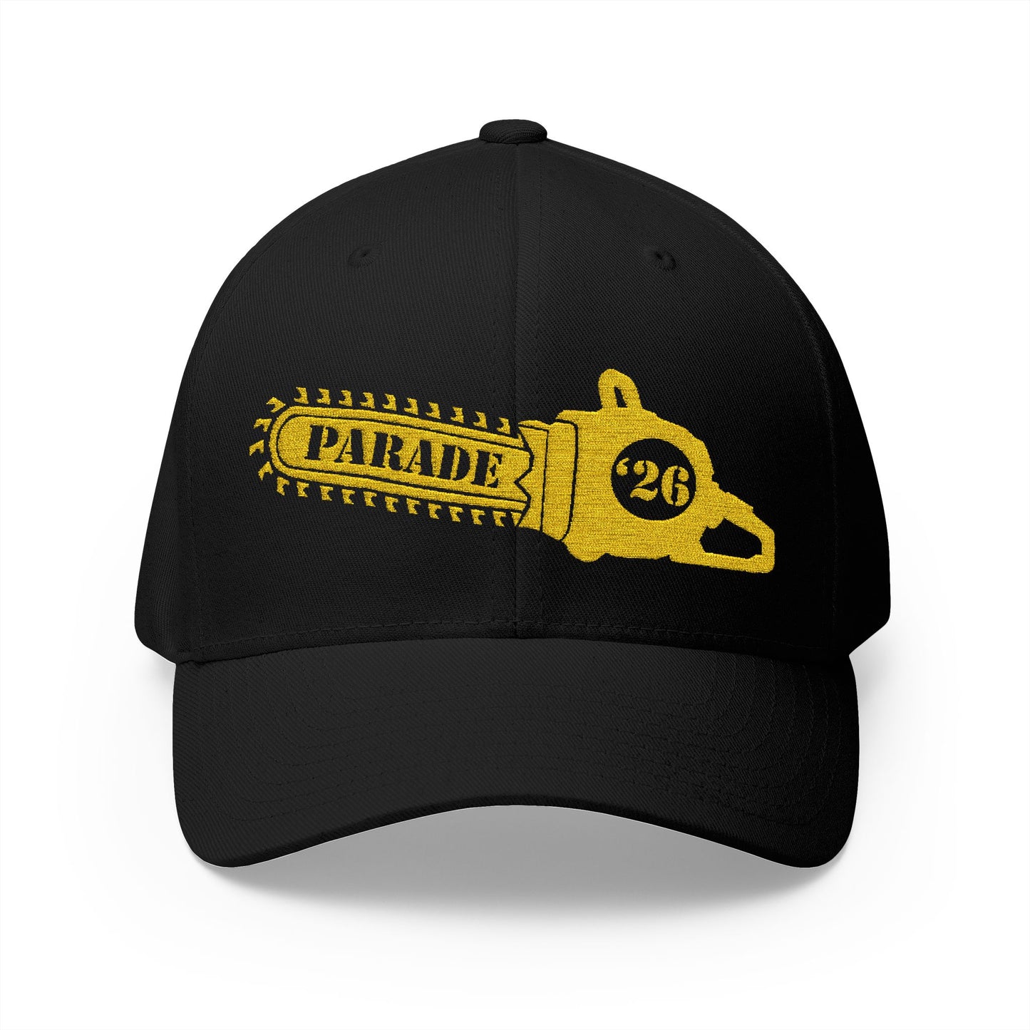 Chainsaw Icon Embroidered Cap — Flexfit Yellow Logo Hat