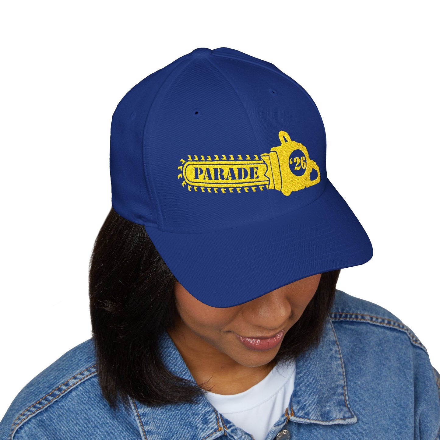 Chainsaw Icon Embroidered Cap — Flexfit Yellow Logo Hat