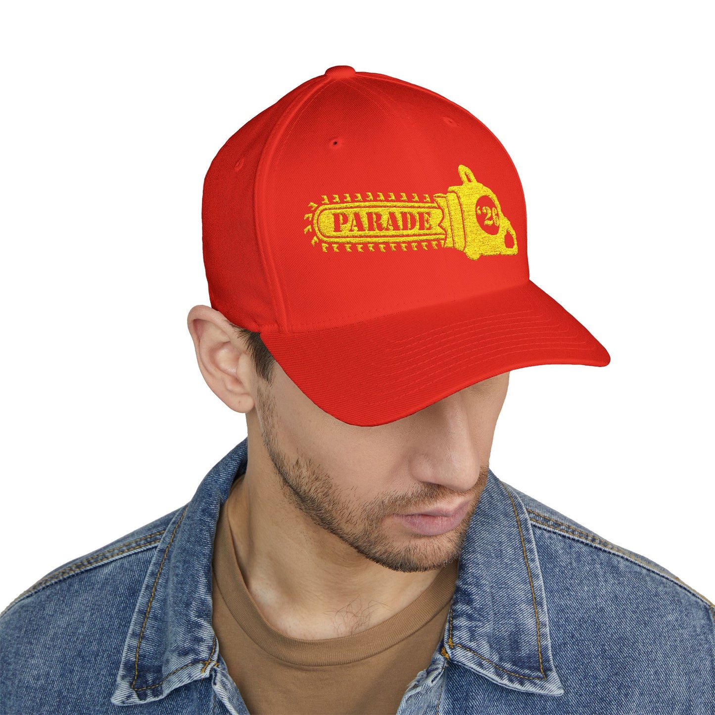 Chainsaw Icon Embroidered Cap — Flexfit Yellow Logo Hat