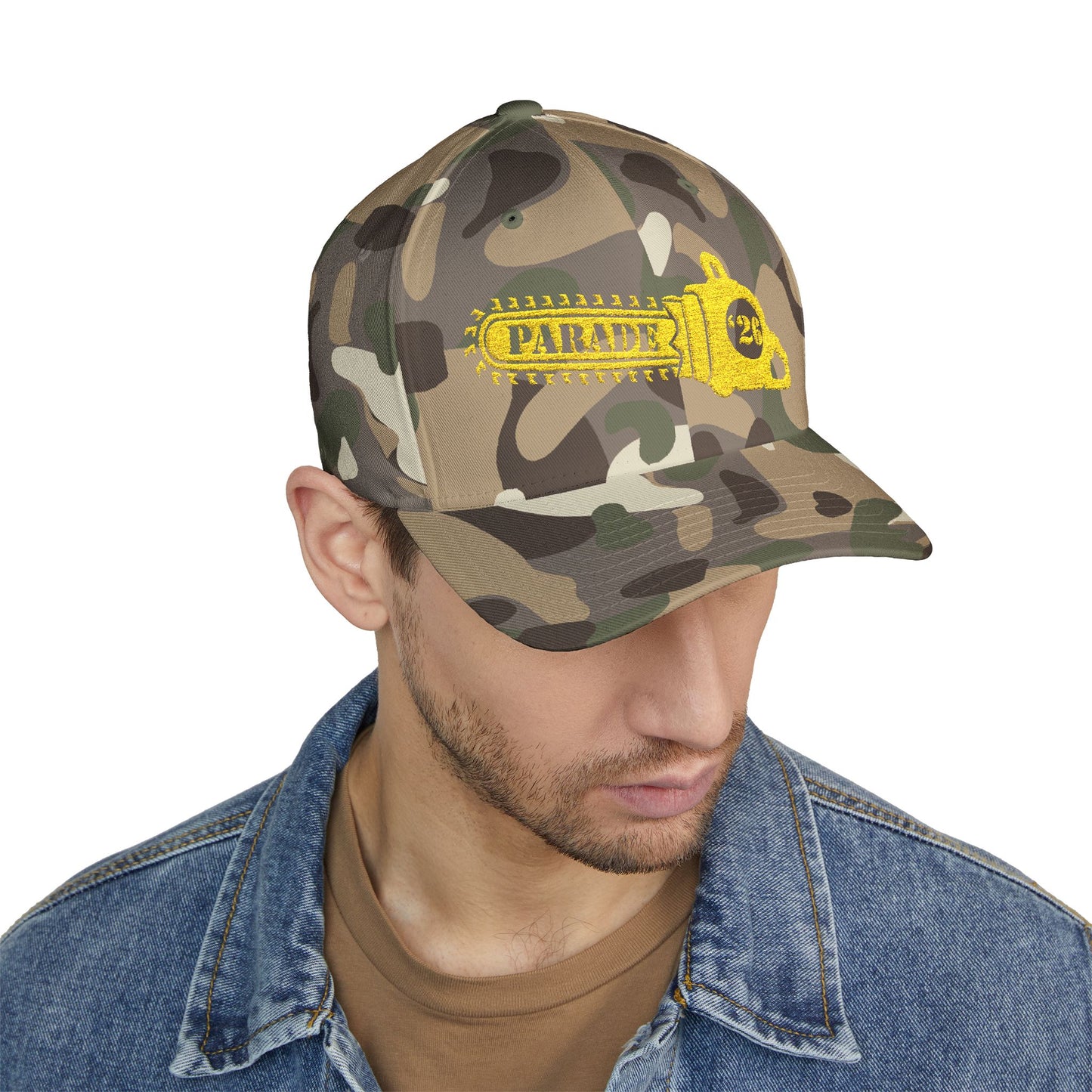 Chainsaw Icon Embroidered Cap — Flexfit Yellow Logo Hat