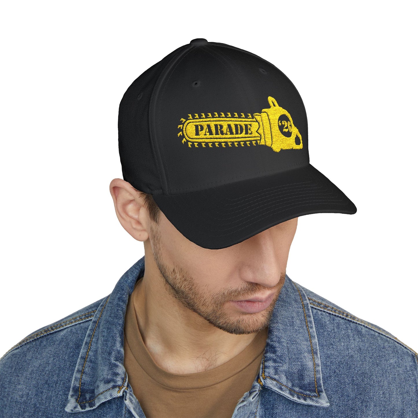 Chainsaw Icon Embroidered Cap — Flexfit Yellow Logo Hat