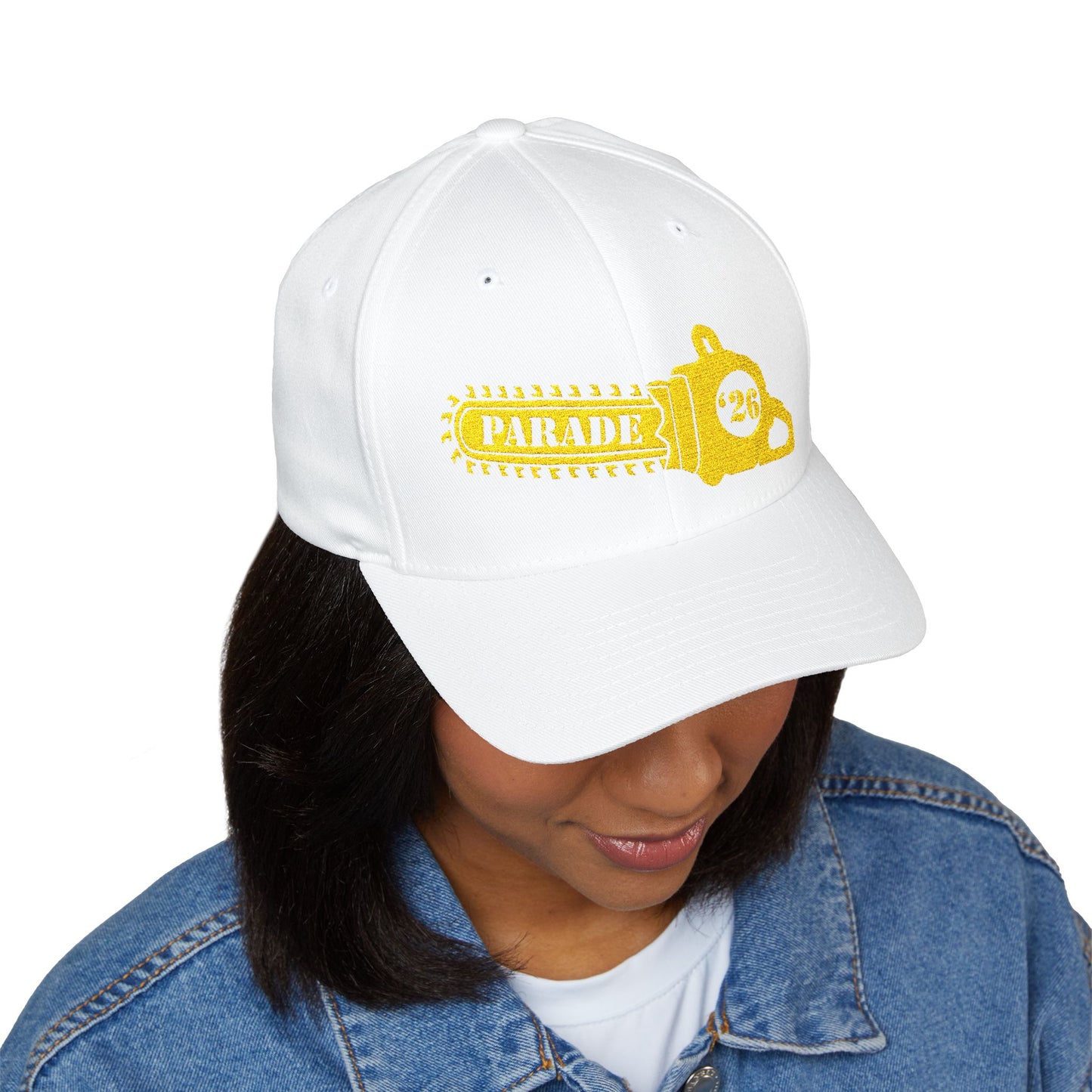 Chainsaw Icon Embroidered Cap — Flexfit Yellow Logo Hat