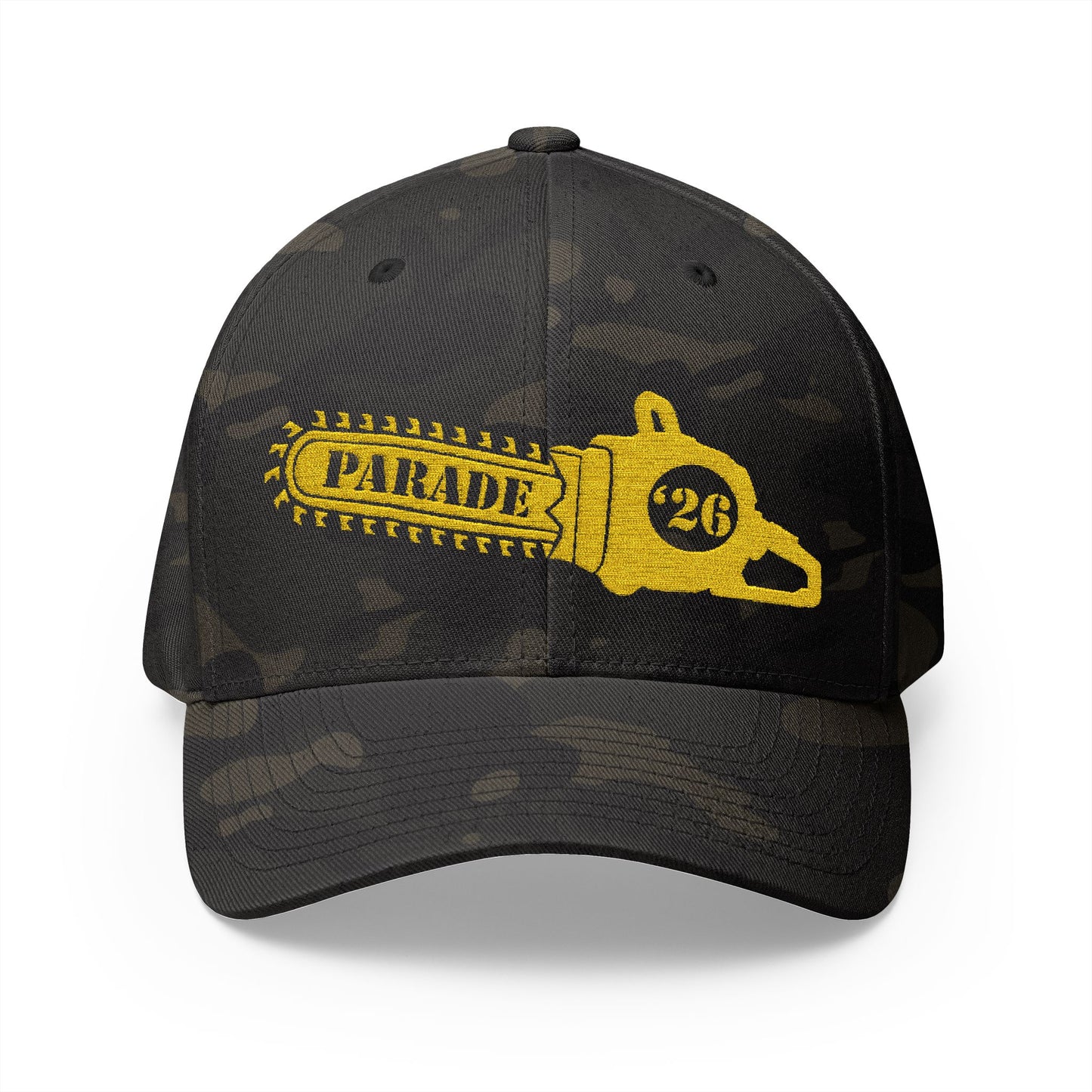Chainsaw Icon Embroidered Cap — Flexfit Yellow Logo Hat